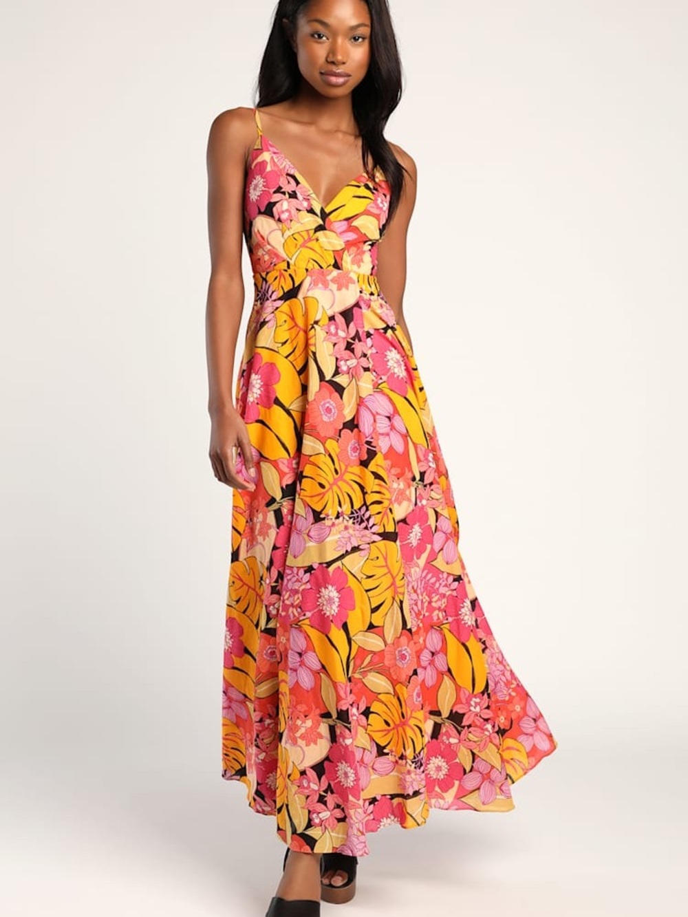Lulu's Cabo Is Calling My Name Orange Floral Print Surplice Maxi Dress
